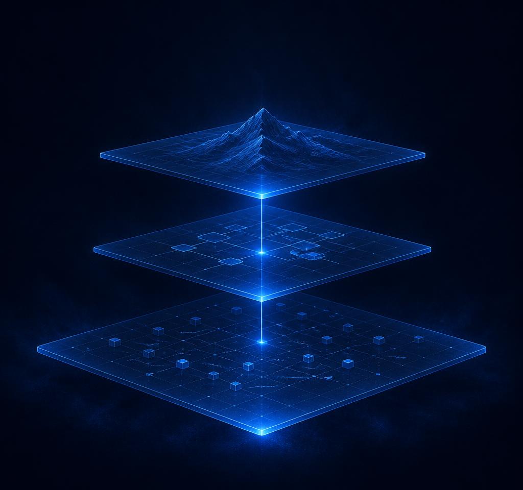 Three stacked translucent layers representing the relationship between marketing strategy, marketing plan, and marketing tactics