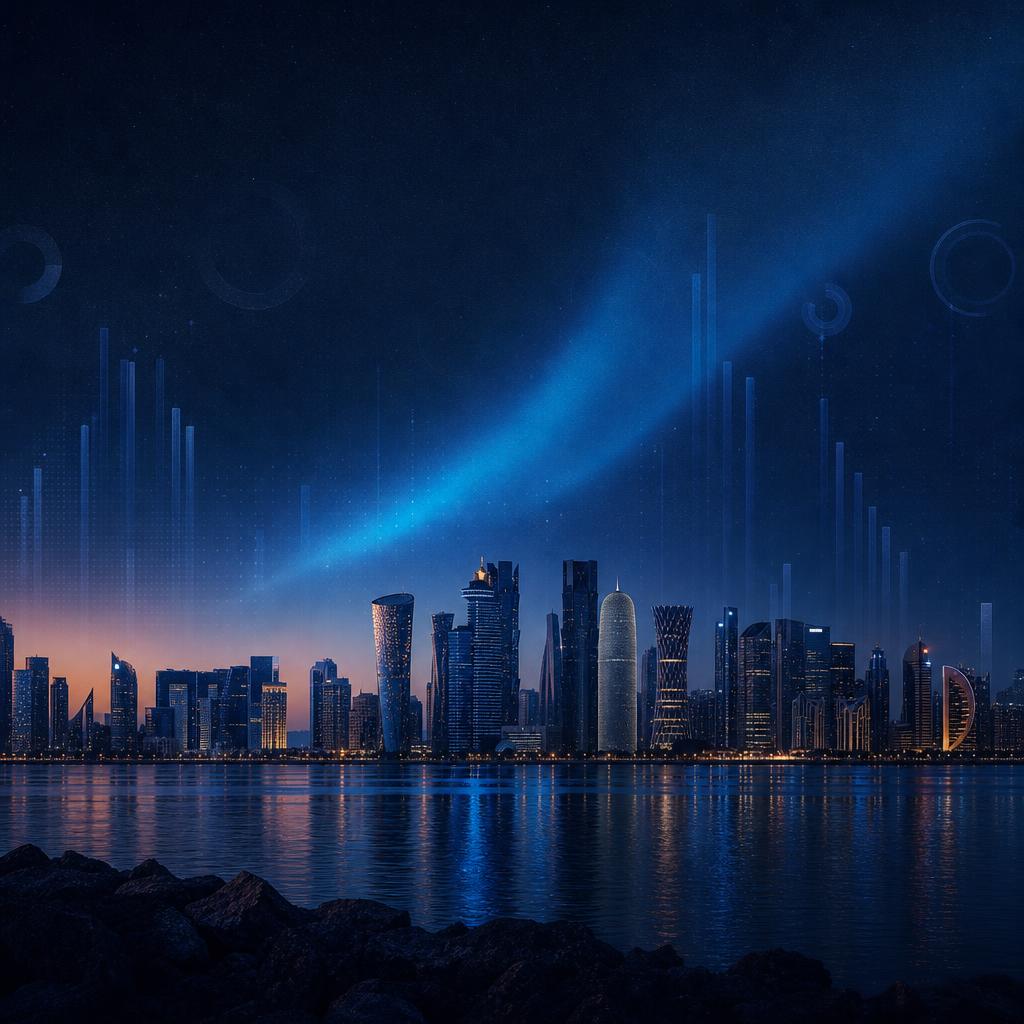 Doha skyline at dusk beneath abstract data-visualization graphics, illustrating Qatar's digital marketing landscape